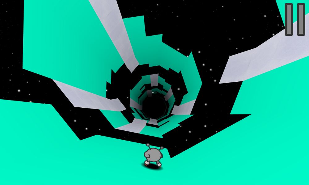 Gameplay of Run 3 with a character running through a space tunnel with broken platforms